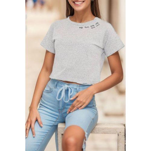 Nakışlı Crop Tişört Gri