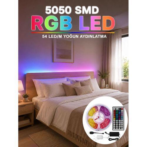 5050 Smd Rgb Led Şerit 5 Metre Kumandalı Renkli Tv Oda Masa Arkası Dekoratif Aydınlatma Seti