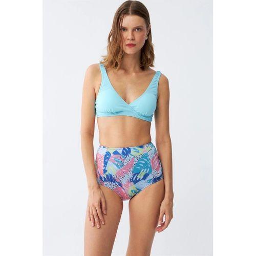 Kadın Pedli Üst Tropik Desenli Yüksek Bel Bikini Takımı - Buz Mavisi