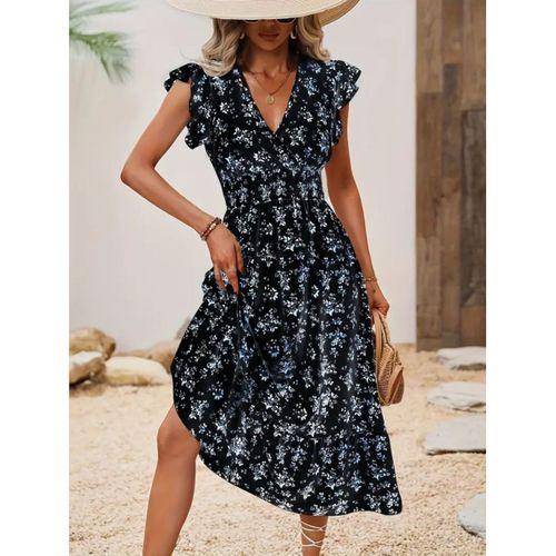 Kadın Kısa Kollu Kruvaze Yakalı Beli Lastikli çiçek Desenli Elbise