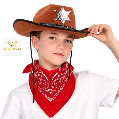 Çocuk Kovboy Şapka Rozetli Kahverengi &amp; Kırmızı Bandana Seti
