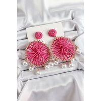 Pembe Hasır Örgü Sarmal Model Sallantılı İnci Detaylı Gold Renk Kadın Küpe