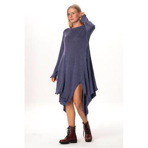 Uzun Kol Handan Asimetrik Kesim Sonbahar ve Kışlık Dökümlü Midi Boy Triko Elbise Mor Mor