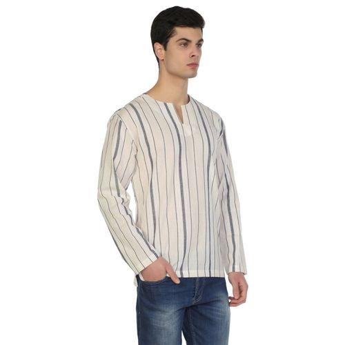 Büyük Beden Uzun Kol Şile Bezi Bisiklet Yaka Yazlık Tshirt Ekru Gri Çizgili 3028