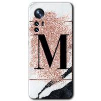 Xiaomi Mi 12 Pro Kılıf HD Desen Baskılı Arka Kapak - Pembe Mermer Desenli M Harfi