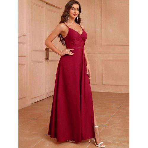 Kadın Ip Askılı Kruvaze Yakalı Yırtmaçlı Uzun Ithal Krep Elbise