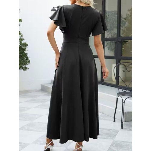 Kadın Kısa Kollu Kruvaze Yakalı ön Asimetrik Volanlı Uzun Ithal Krep Elbise