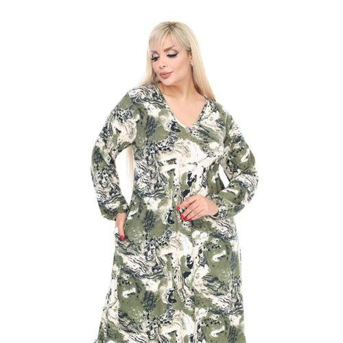 Melsay Butik Kışlık Robalı Yumoş Uzun Kollu Yeşil Batik Desenli Cepli Elbise