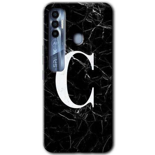 Tecno Spark 7 Pro Kılıf HD Desen Baskılı Arka Kapak+Temperli Cam - Siyah Mermer Desenli C Harfi