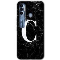 Tecno Spark 7 Pro Kılıf HD Desen Baskılı Arka Kapak+Temperli Cam - Siyah Mermer Desenli C Harfi