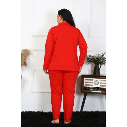 Kadın Büyük Beden Pamuklu Cepli Düğmeli Kırmızı Pijama Takım