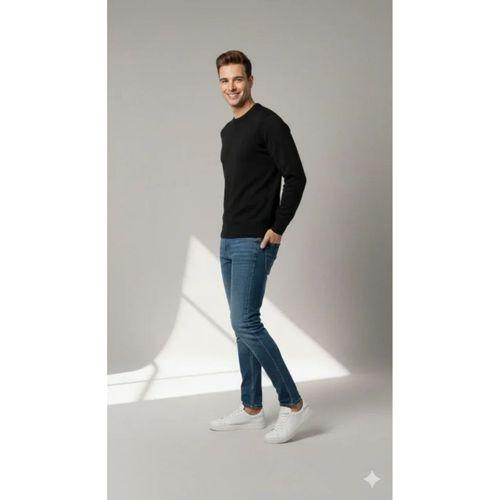 Erkek Bisiklet Yaka Nakış Işlemeli Triko Kazak Yumuşak Dokulu Pamuklu Ince Dokuma, Uzun Kollu Rahat Regular Kalıp - Siyah