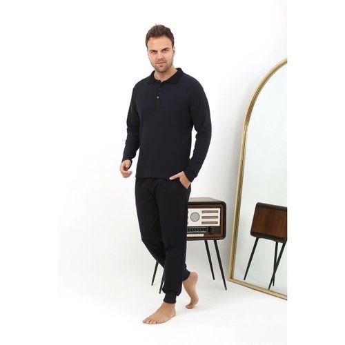 Erkek Polo Yaka Uzun Kol Penye Pijama Takımı Lacivert