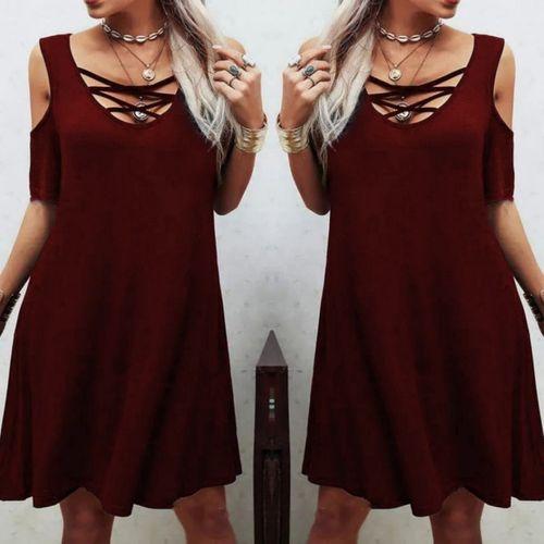 Dekolteli Bağcık Detay Viskon Kumaş Elbise