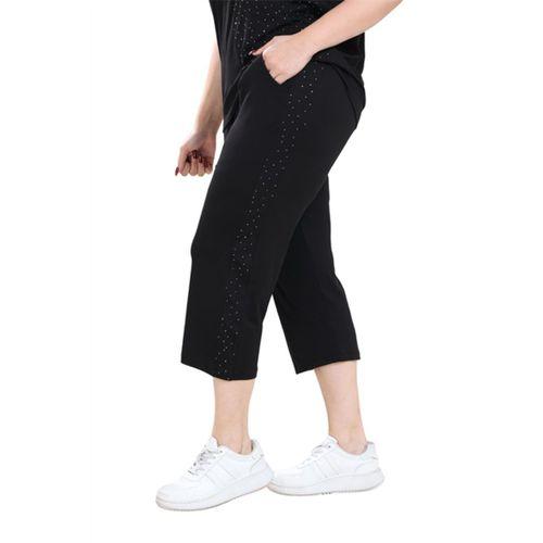 Melsay Butik Siyah Kısa Kol Yarım Taş Baskılı Viskon Kapri Takım