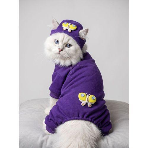 Violet Wings Kedi Bere ve Tulum Kombini | Mor Renk 3D Kelebek Aksesuarlı Penye Kedi Kıyafeti | 2 Parça