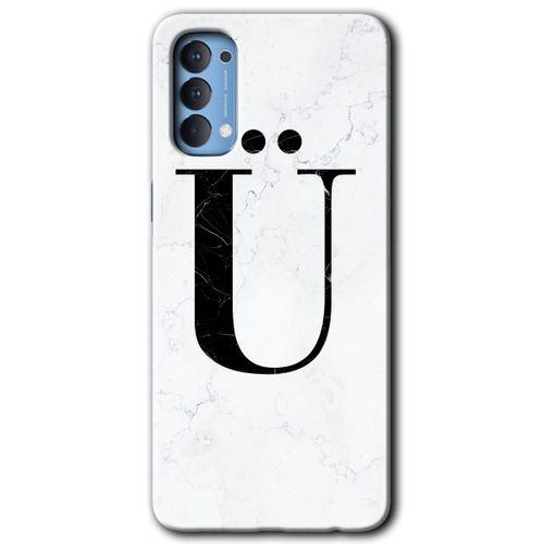 Oppo Reno 4 Kılıf HD Desen Baskılı Arka Kapak + Temperli Cam - Beyaz Mermer Desenli Ü Harfi