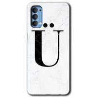 Oppo Reno 4 Kılıf HD Desen Baskılı Arka Kapak + Temperli Cam - Beyaz Mermer Desenli Ü Harfi