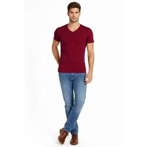 Erkek T-Shirt V Yaka Slim Fit Dar Kesim Likralı Tişört Günlük Basic Body - Bordo