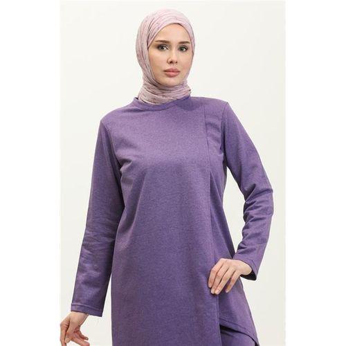 Kruvaze Bisiklet Yaka Sade Basic Tunik Panolon İkili Takım - 03076.207 - Koyu Lila