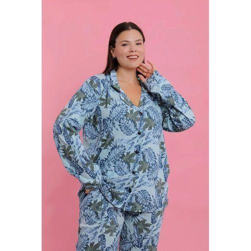 Kadın Büyük Beden Mavi Tropikal Desenli Düğmeli Pijama Takımı