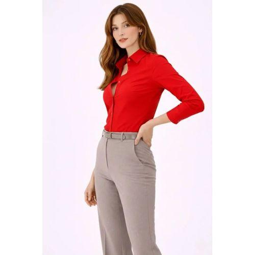 Uzun Kollu Gömlek Düğmeli Klasik Yaka Günlük Ve Ofis Şıklığına Uygun - Kırmızı