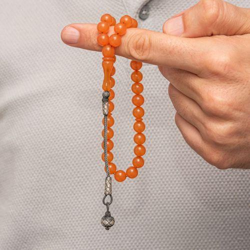 Gümüş Top Kazaz Püsküllü Turuncu Sıkma Kehribar Tesbih