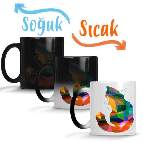 Renkli Cat Kedi Sihirli Kupa Bardak Porselen