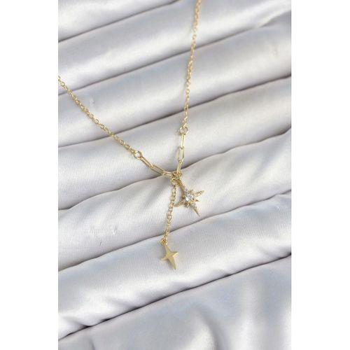 Pirinç Gold Renk Zirkon Taşlı Minimal Sallantılı Kutup Yıldızı Model Kadın Kolye