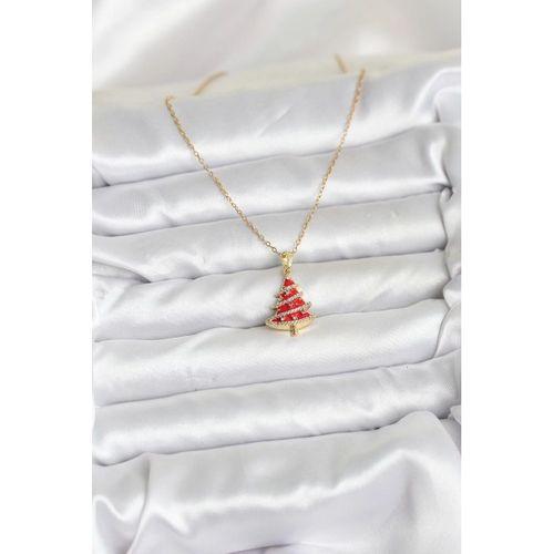 316L Çelik Zincir Gold Renk Kırmızı Çam Ağacı Model Yılbaşı Temalı Kadın Kolye