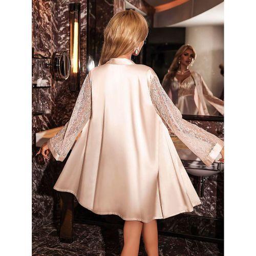 Özel Tasarım Şık Dantel İşlemeli Sabahlıklı 2'li Pudra Saten Gecelik Takımı