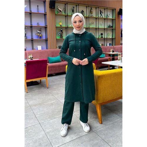 Kapşonlu Düğmeli Sade Basic Uzun Tunik ve Pantolon İkili Spor Takım - 03072.021 - Nefti