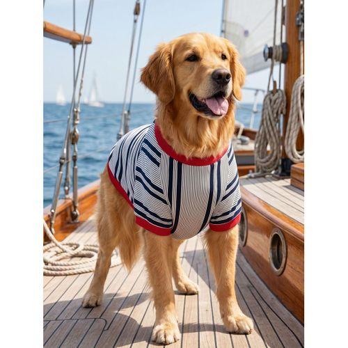 Yacht Club Marin Çizgili Orta ve Büyük Irk Köpek Tişörtü | Lacivert Kırmızı Yazlık Köpek Kıyafeti