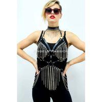 Zincirli Deri Harness, Deri Dansçı Kostüm, Choker Detaylı Deri Harness - Brf1397
