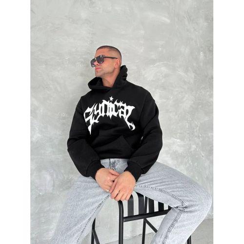 Unisex Üç İplik Kapşonlu Baskılı SweatShirt - Siyah