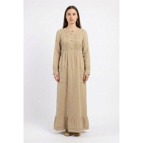 Uzun Kol Dora Yuvarlak Yaka Düğmeli Çift Cepli Yazlık Uzun Müslin Elbise Vizon Vzn