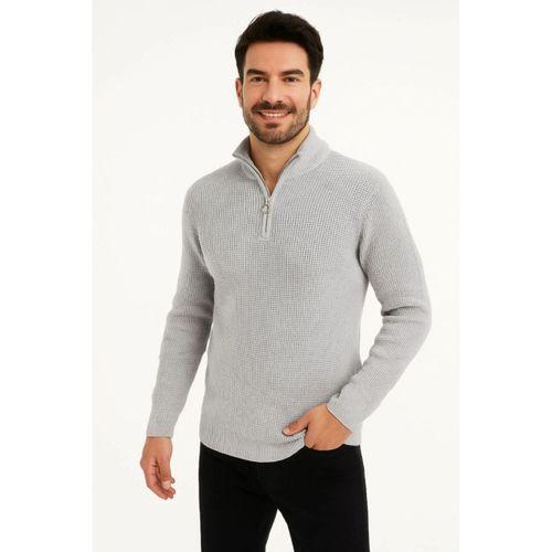 Erkek Yarım Fermuarlı Triko Kazak – Selanik Örgü, Dik Yaka, Pamuklu Dokuma, Regular Fit Uzun Kollu Kışlık Model - Gri