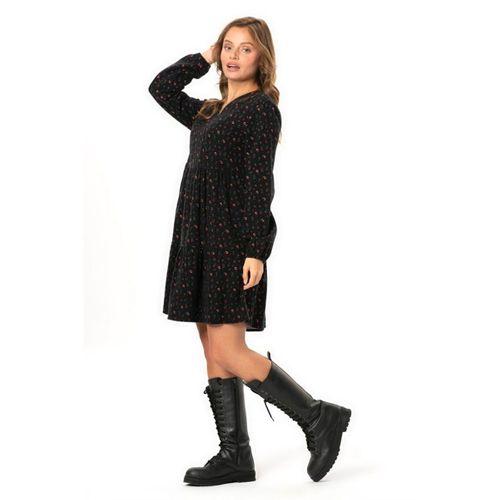 Uzun Kol Alara Çiçek Desenli V Yaka Pazen Kısa Kışlık Elbise Siyah Syh