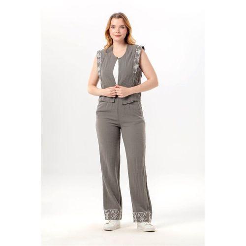 Nirvana Beli Lastikli Müslin Yandan Çift Cepli Nakışlı Pantolon Gri Gri