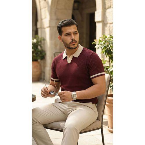 Erkek Renkli Yakalı File Desenli Kısa Kollu Tişört