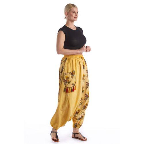 Sarı Beli Lastikli Otantik Yazlık Kadın Püsküllü Poplin Şalvar