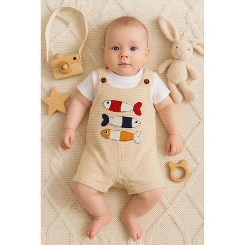 Balık Nakışlı Kısa Kollu Erkek Bebek Tulumu