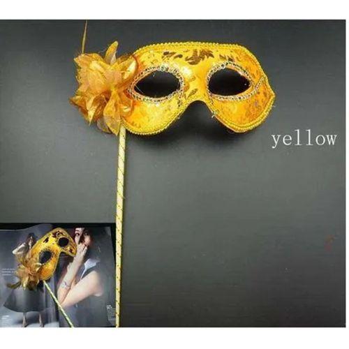 Lüks Taşlı Saplı Maskeli Balo Maskesi Altın Renk 35 cm (3748)