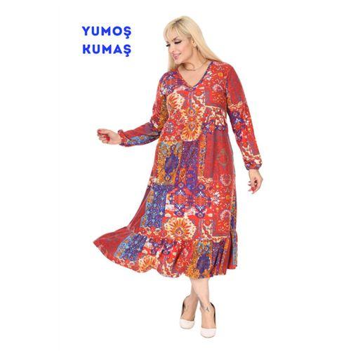 Melsay Butik Kışlık Robalı Yumoş Uzun Kollu Kırmızı Etnik Desen Elbise
