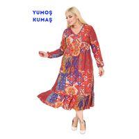 Melsay Butik Kışlık Robalı Yumoş Uzun Kollu Kırmızı Etnik Desen Elbise