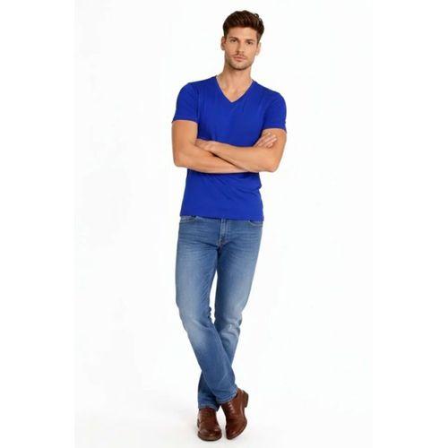 Erkek T-Shirt V Yaka Slim Fit Dar Kesim Likralı Tişört Günlük Basic Body - Saks Mavisi