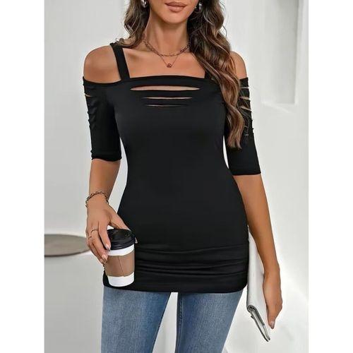 Kadın Omuzlardan Açık Askılı Lazer Kesim Detaylı Viskon Bluz