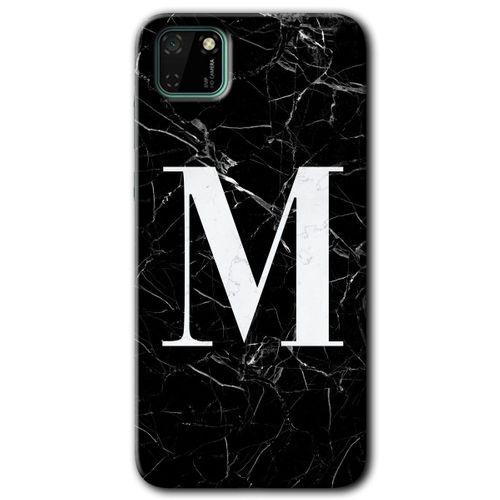 Huawei Y5P Kılıf HD Desen Baskılı Arka Kapak - Siyah Mermer Desenli M Harfi