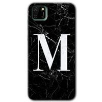Huawei Y5P Kılıf HD Desen Baskılı Arka Kapak - Siyah Mermer Desenli M Harfi