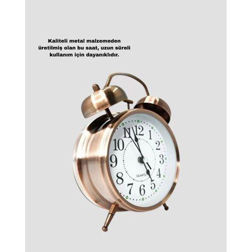 Metal Bronz Nostaljik Masa Saati Alarmlı Büyük Boy Sessiz Mekanizmalı